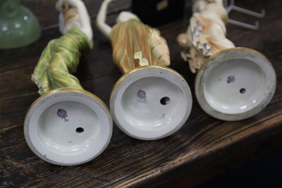 Three Royal Worcester figural lamp bases, late 19th / early 20th century, 51cm, one sconce damaged